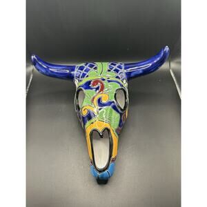 Talavera Cow Skull Mexican Pottery Folk Art Home Decor Southwest Multicolor 11"